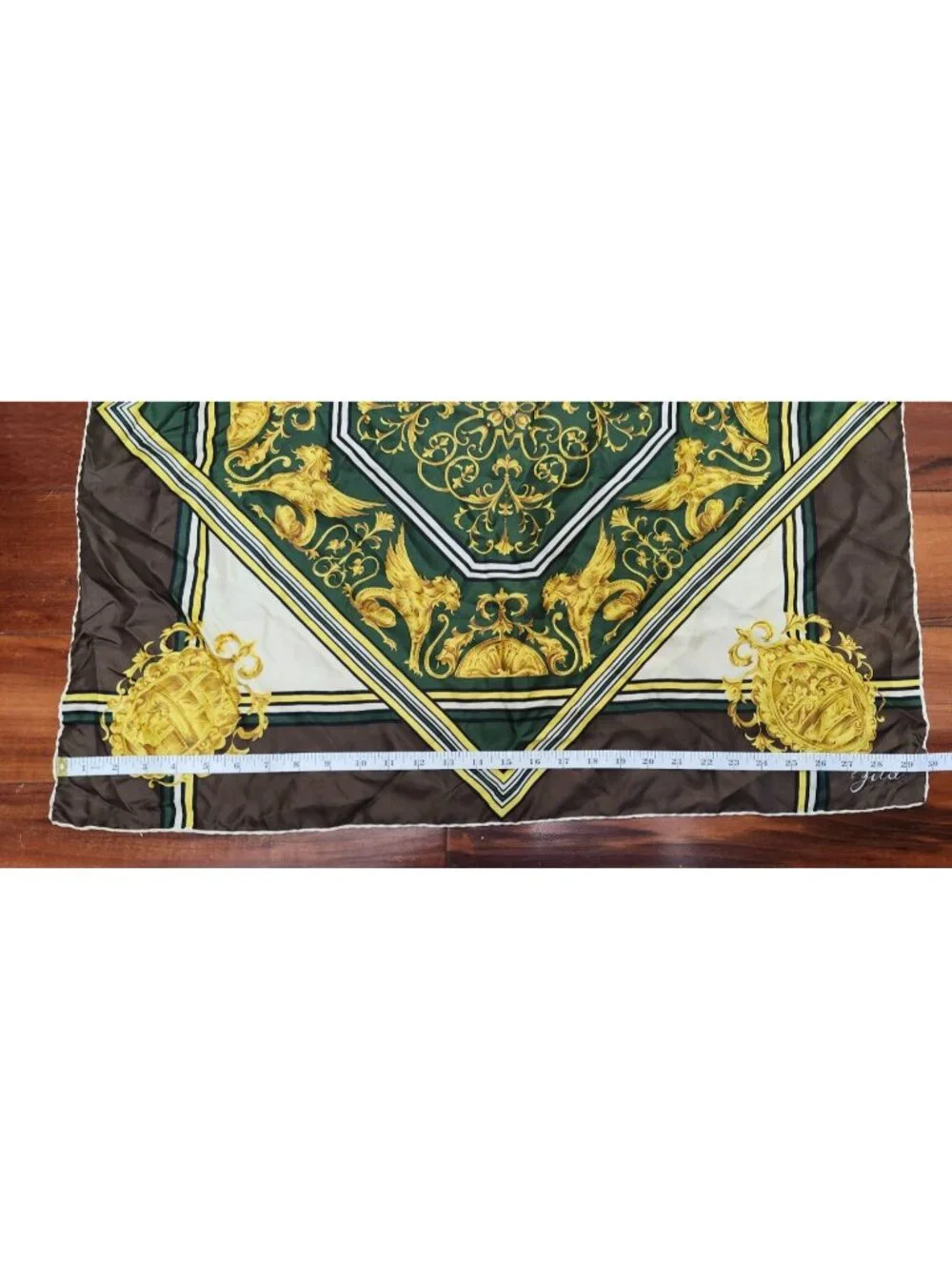 Gita Vintage Silk Scarf Baroque Griffin Medallion Green Gold Brown 30” Square